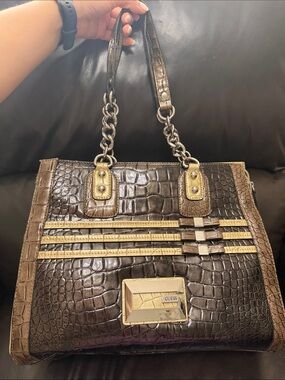GUESS Dark Brown Croc-Embossed Tote with Gold Accents